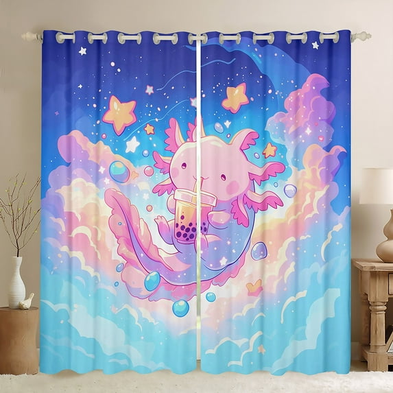 Manfei 3D Kawaii Axolotl Curtains Pack of 2 (42x84 Each) for Teens, Boba Milk Tea Curtains Blackout, Mystic Stars Galaxy Bedroom Curtains, Curtains Blackout Home Decor