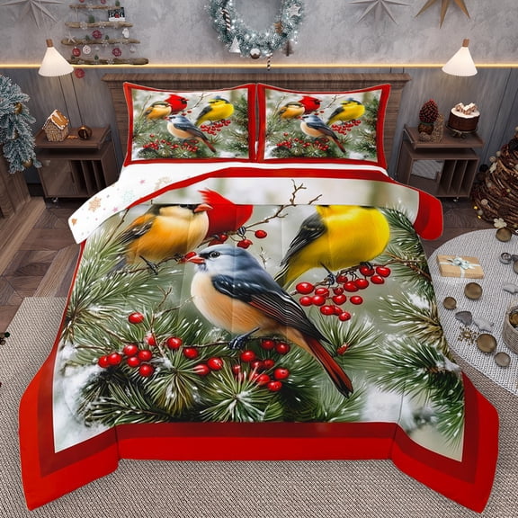 Manfei 3D Kawaii Bird Bedding Comforter Set for Teen, Jungle Tree Plant Twin Comforter Sets, Cartoon Christmas Animal Reversible Bedding Set, Super Cozy Room Decor, 2 Pieces