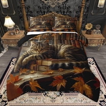 Manfei 3D Kawaii Cat Bedding Comforter Set for Teens, Retro Mid Century Books Twin Comforter Sets, Autumn Maple Leaf Reversible Bedding Set, Breathable Home Decor, 2 Pieces