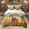 thumbnail image 1 of Homewish 3D Kawaii Cow Bedding Comforter Set 7 Pieces, Rustic Highland Bull Full Bedding Set, Orange Groovy Daisy Floral Reversible Fitted Sheet Flat Sheet, Breathable Home Decor, 1 of 7