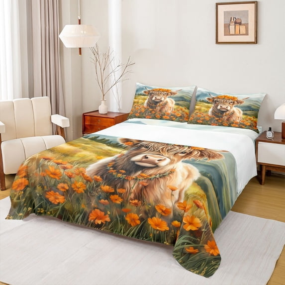 Manfei 3D Kawaii Cow Full Size Sheets, Rustic Highland Bull Bed Sheets, Orange Groovy Daisy Floral Sheet Sets, Breathable Home Decor, 4pcs