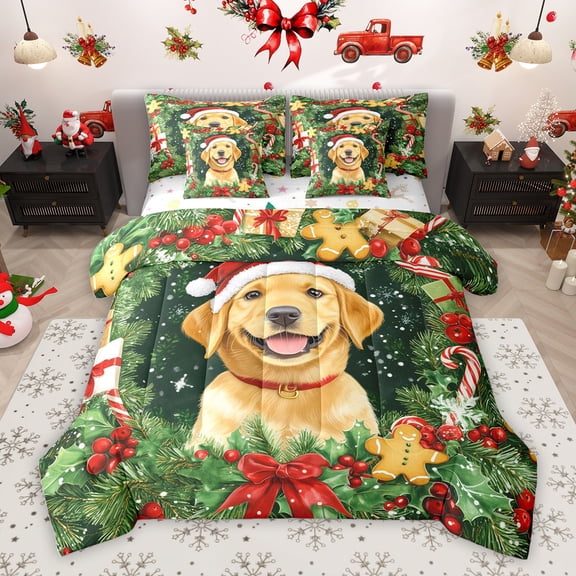 Homewish 3D Kawaii Dog Twin Bedding Sets 7-Piece for Kids, Christmas Flower Plant Bedding Comforter Set, Cartoon Bowknot Reversible Sheet Sets, Super Cozy Room Decor