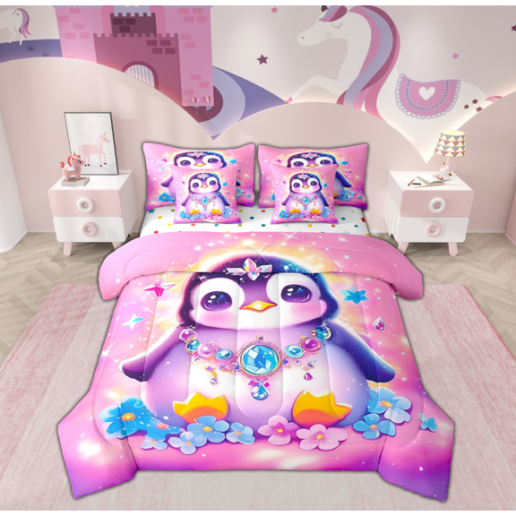 Manfei 3D Kawaii Penguin Bedding Comforter Set 7-Piece, Blue Diamond Flower King Bedding Sets, Glitter Stars Print Reversible Bed Sheets, Microfiber Bedroom Decor