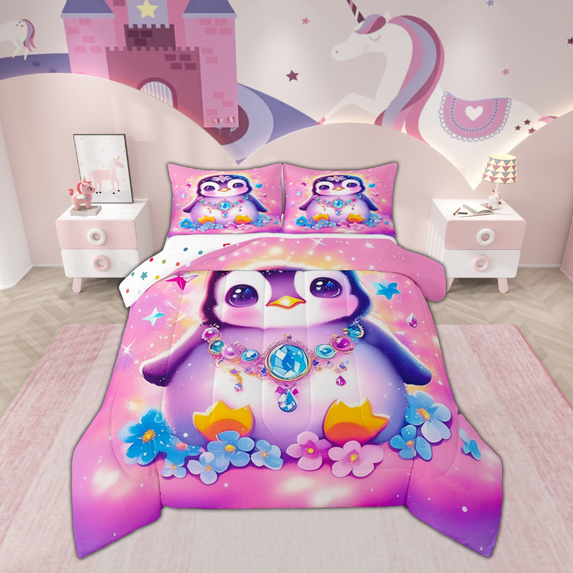 Manfei 3D Kawaii Penguin Bedding Comforter Set, Blue Diamond Flower Twin Comforter Sets, Glitter Stars Print Reversible Bedding Set, Microfiber Bedroom Decor, 2 Pieces
