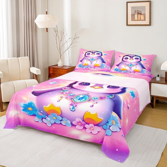 Manfei 3D Kawaii Penguin Twin Sheet Sets, Blue Diamond Flower Twin Fitted Sheet, Glitter Stars Print Flat Sheet, Microfiber Bedroom Decor, 3 Pieces