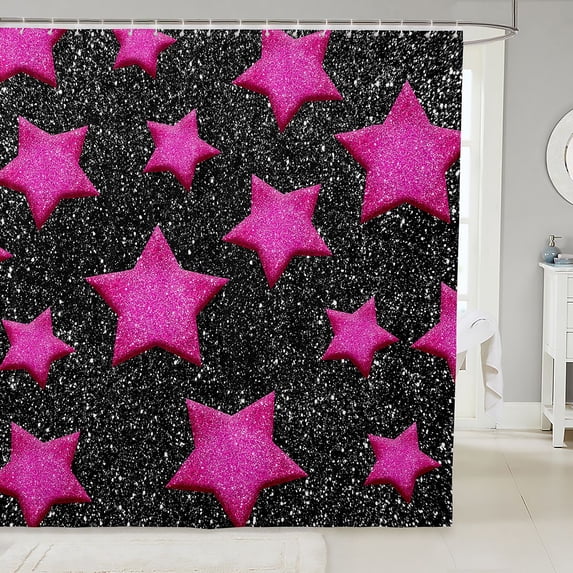 Manfei 3D Kawaii Stars Print Shower Curtain 72Wx72L,Cute Cartoon Themed Bathroom Curtain,Pink Black