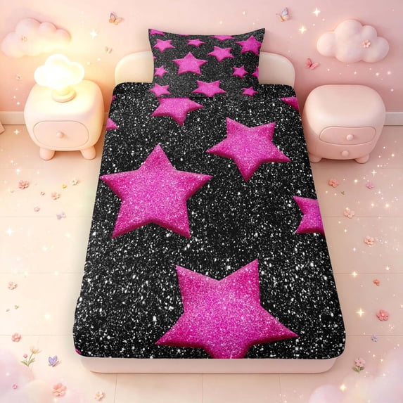 Manfei 3D Kawaii Stars Print Twin Fitted Sheet,Cute Cartoon Themed Bedding,Pink Black,2-Piece