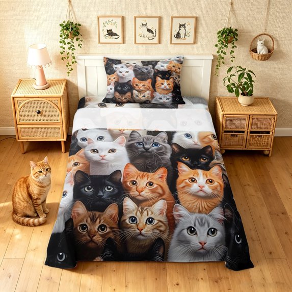 Manfei 3D Kitten Print Twin Sheets, Kawaii Animal Lover Bedding, Multicolor, 3-Piece, 1 Flat Sheet, 1 Fitted Sheet and 1 Pillowcase