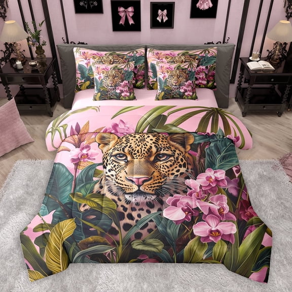 Homewish 3D Leopard Animal Bedding Comforter Set 7pcs, Jungle Cheetah Wildlife King Bedding Sets, Modern Fashion Reversible Bed Sheets, Super Cozy Room Decor