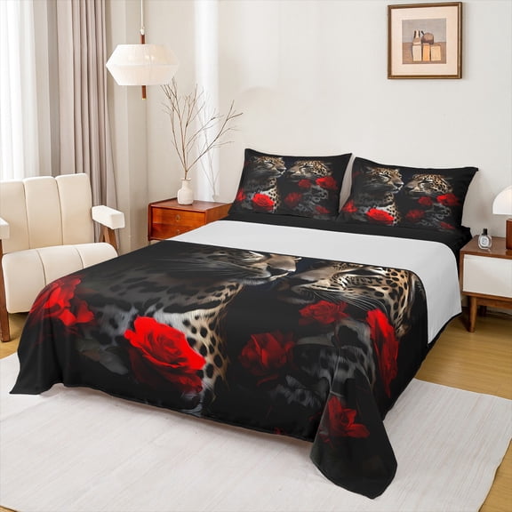 Manfei 3D Leopard Cheetah Bed Sheets 4pcs, Chic Red Rose King Sheets, Woodland Wildlife Sheet Set, Super Cozy Room Decor