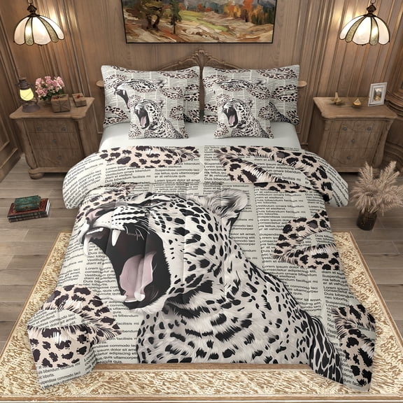 Homewish 3D Leopard Cheetah Bedding Comforter Set 7pcs, Cartoon Wildlife King Bedding Sets, Modern Fashion Newspaper Reversible Bed Sheets, Luxury Bedroom Decor