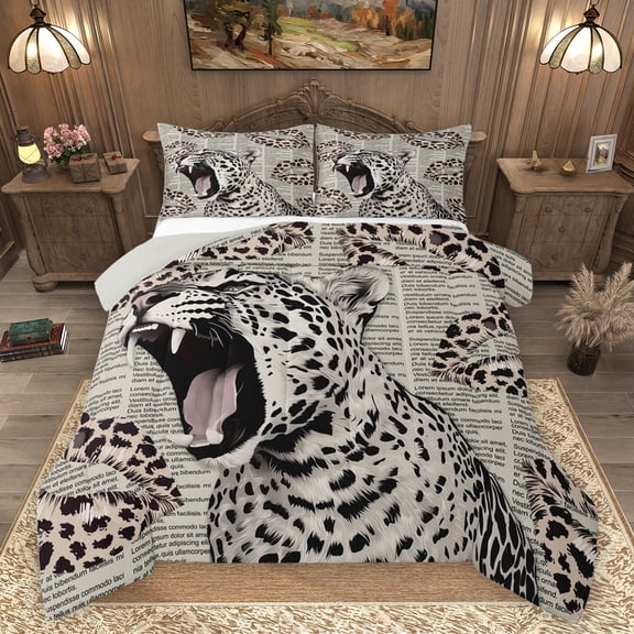 Homewish 3D Leopard Cheetah Full Size Comforter Sets, Cartoon Wildlife Bedding Comforter Set, Modern Fashion Newspaper Reversible Bedding Sets, Luxury Bedroom Decor, 3 Pieces