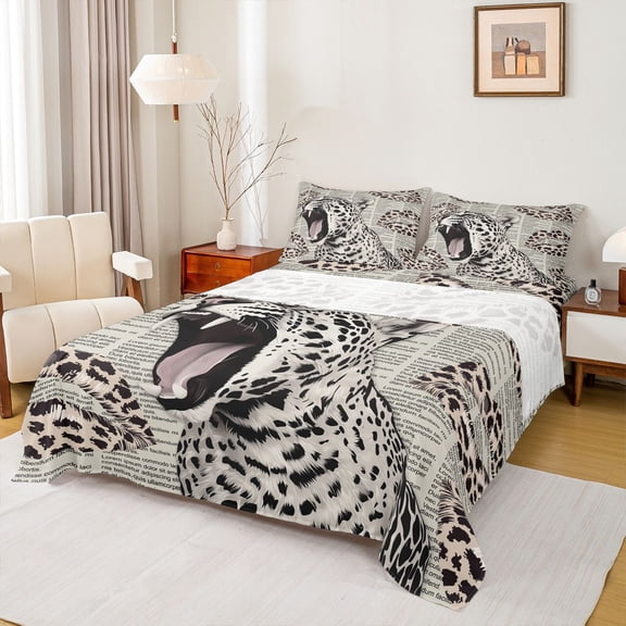 Homewish 3D Leopard Cheetah Twin Sheet Sets, Cartoon Wildlife Twin Fitted Sheet, Modern Fashion Newspaper Flat Sheet, Luxury Bedroom Decor, 3 Pieces