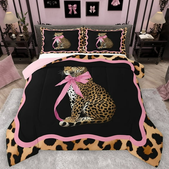 Manfei 3D Leopard Wildlife Bedding Comforter Set for Girl, Fashion Cheetah Print Twin Comforter Sets, Chic Princess Bowknot Reversible Bedding Set, Breathable Home Decor, 2-Piece