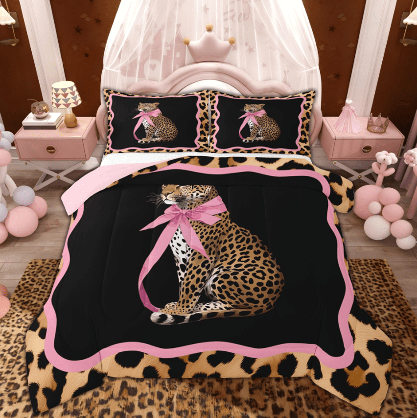 Manfei 3D Bowknot Leopard Wildlife Queen Comforter Set for Girl, Fashion Cheetah Print Bedding Sets, Pink Reversible, 3-Piece