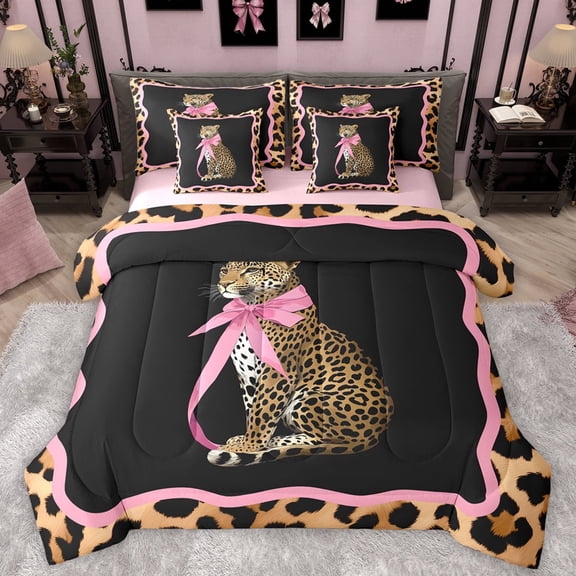 Manfei 3D Leopard Wildlife Twin Bedding Sets 7-Piece for Girl, Fashion Cheetah Print Bedding Comforter Set, Chic Princess Bowknot Reversible Sheet Sets, Breathable Home Decor