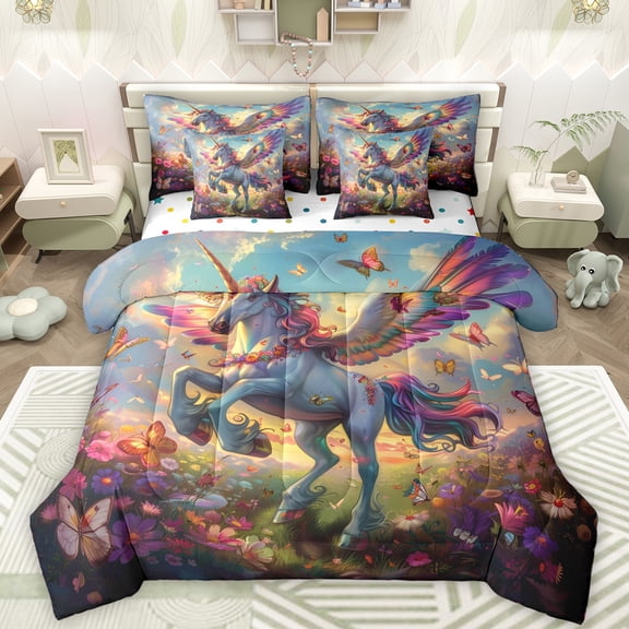 Manfei 3D Magic Unicorn 7-Piece Twin Bedding Sets,Colorful Butterflies Bedding Comforter Set,Dreamy Angel Wings Sheet Sets For Girl,Microfiber Bedroom Decor Reversible