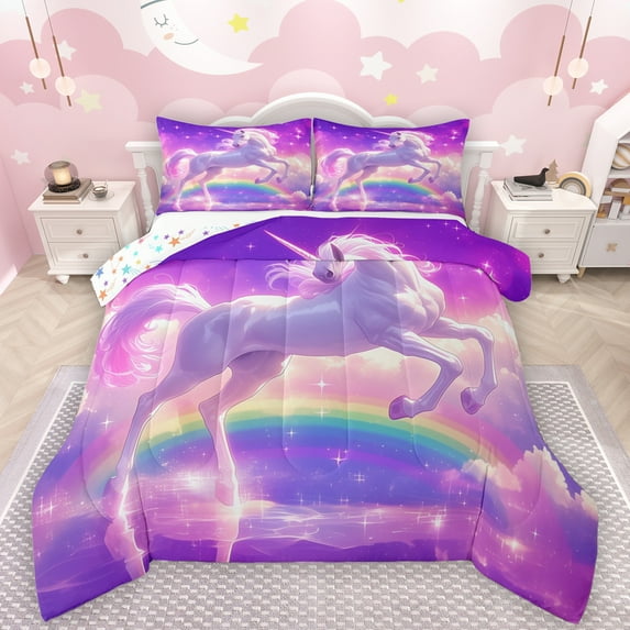 Manfei 3D Magic Unicorn Full Size Comforter Sets,Colorful Rainbow Bedding Comforter Set,Purple Pink Ombre Bedding Sets For Girl,Microfiber Bedroom Decor Reversible,3pcs