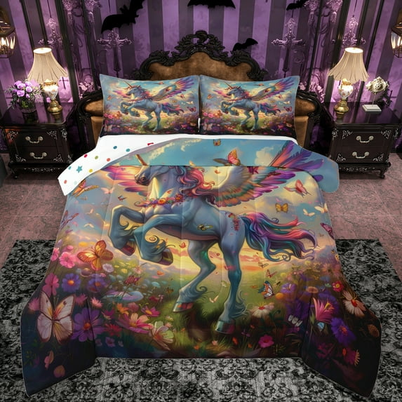 Manfei 3D Magic Unicorn Queen Comforter Set,Colorful Butterflies Bedding Sets,Dreamy Angel Wings Bedding Comforter Set For Girl,Microfiber Bedroom Decor Reversible,3 Pieces