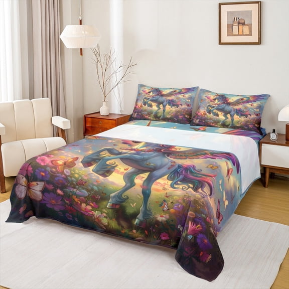 Manfei 3D Magic Unicorn Twin Sheet Sets,Colorful Butterflies Twin Fitted Sheet,Dreamy Angel Wings Flat Sheet For Girl,Microfiber Bedroom Decor,3pcs