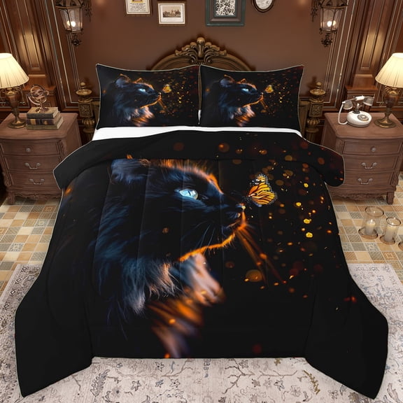Manfei 3D Magical Cat Queen Comforter Set for Teens, Dreamy Butterfly Bedding Sets, Kawaii Animal Reversible Bedding Comforter Set, Super Cozy Room Decor, 3 Pieces