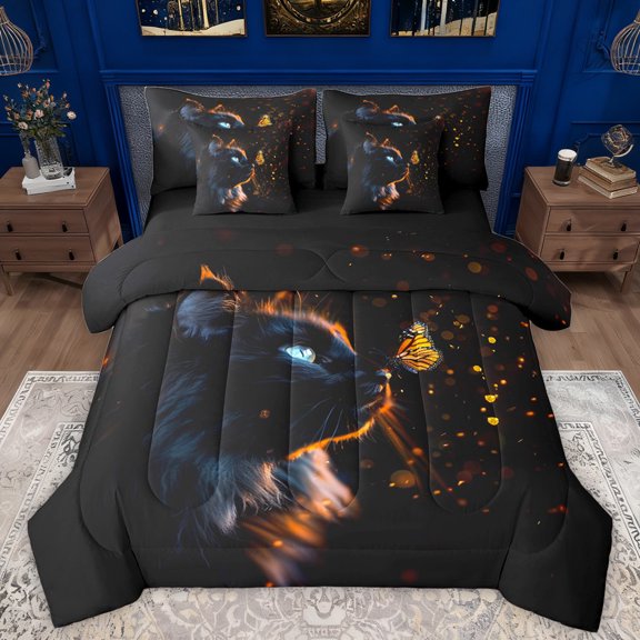 Manfei 3D Magical Cat Twin Bedding Sets 7-Piece for Teens, Dreamy Butterfly Bedding Comforter Set, Kawaii Animal Reversible Sheet Sets, Super Cozy Room Decor