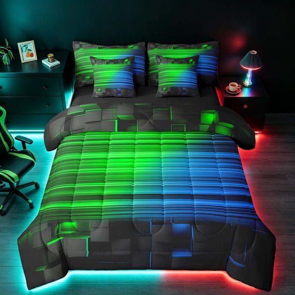 Manfei 3D Neon Light Queen Bedding, Green Blue Gradient Striped Bedding Comforter Set Queen, Black Reversible 7pcs