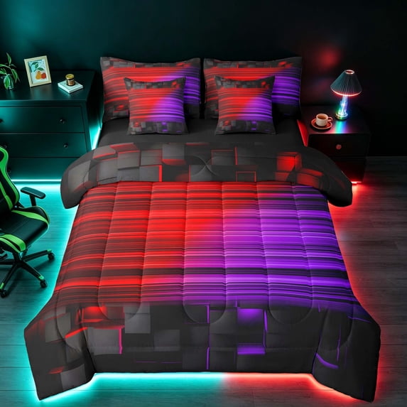 Manfei 3D Neon Light Queen Bedding, Red Purple Gradient Striped Bedding Comforter Set Queen, Black Reversible 7-Piece