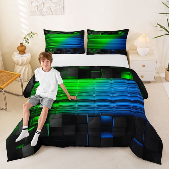 Manfei 3D Neon Light Queen Comforter Set, Green Blue Gradient Striped Comforter Sets Queen, Black Reversible 3-Piece, 1 Comforter and 2 Pillowcases