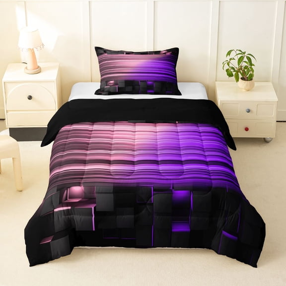 Manfei 3D Neon Light Twin Comforter Sets, Pink Purple Gradient Striped Bedding Set, Black Reversible 2-Piece, 1 Comforter and 1 Pillowcase