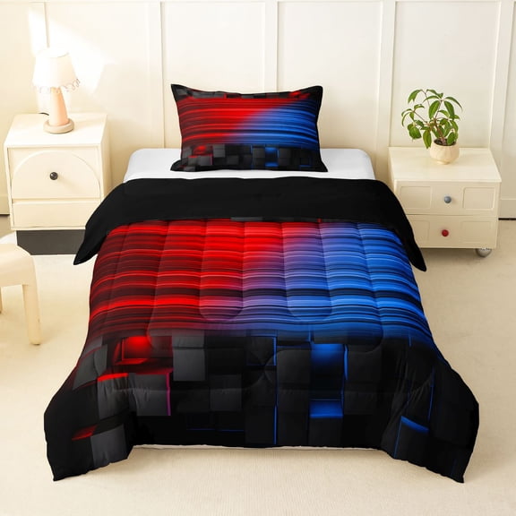Manfei 3D Neon Light Twin Comforter Sets, Red Blue Gradient Striped Bedding Set, Black Reversible 2 Pieces, 1 Comforter and 1 Pillowcase