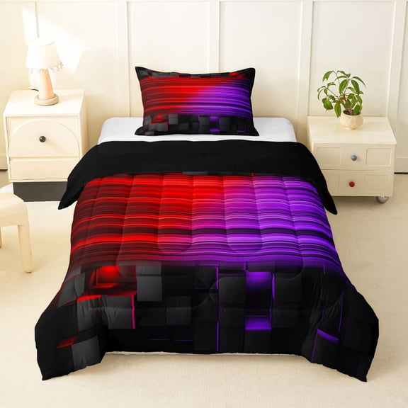 Manfei 3D Neon Light Twin Comforter Sets, Red Purple Gradient Striped Bedding Set, Black Reversible 2 Pieces, 1 Comforter and 1 Pillowcase