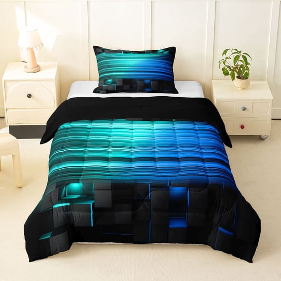 Manfei 3D Neon Light Twin Comforter Sets, Teal Blue Gradient Striped Bedding Set, Black Reversible 2pcs, 1 Comforter and 1 Pillowcase