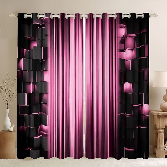 Manfei 3D Neon Stripes Blackout Curtains, Vertical Lines Curtains Pack of 2 (42x84 Each), Light Pink Black