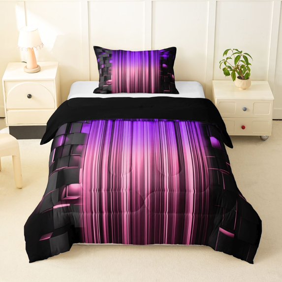 Manfei 3D Neon Stripes Twin Comforter Sets, Gradient Vertical Lines Bedding Set, Purple Pink Black, Black Reversible 2-Piece, 1 Comforter and 1 Pillowcase