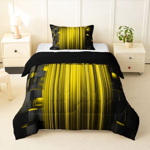 Manfei 3D Neon Stripes Twin Comforter Sets, Vertical Lines Bedding Set, Yellow Black, Black Reversible 2pcs, 1 Comforter and 1 Pillowcase