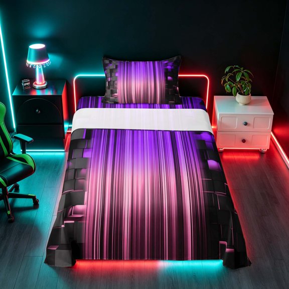 Manfei 3D Neon Stripes Twin Sheets, Gradient Vertical Lines Bedding, Purple Pink Black, Black Reversible 3-Piece1 Flat Sheet + 1 Fitted Sheet + 1 Pillowcase