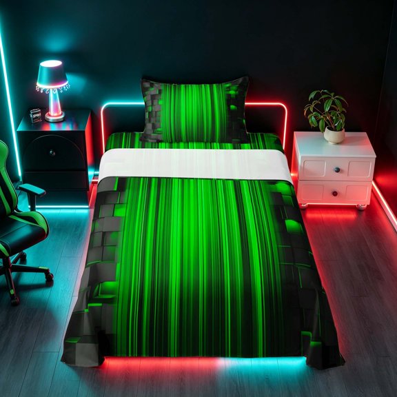 Manfei 3D Neon Stripes Twin Sheets, Vertical Lines Bedding, Green Black, Black Reversible 3 Pieces1 Flat Sheet + 1 Fitted Sheet + 1 Pillowcase