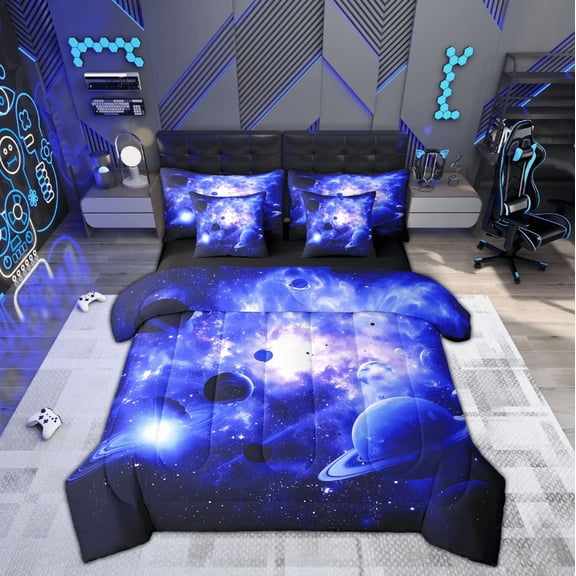 Manfei 3D Outer Space Bedding Sets Twin Size, Psychedelic Planet Bed in a Bag Twin size, Starry Sky Reversible Comforter Sets with Sheets, Super Cozy Bedroom Decor, 7-Piece