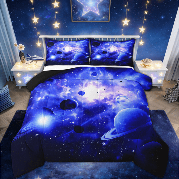 Manfei 3D Outer Space Bedding Twin Comforter Set for Kids, Psychedelic Planet Starry Sky Bedding Sets, Black Reversible, 2-Piece