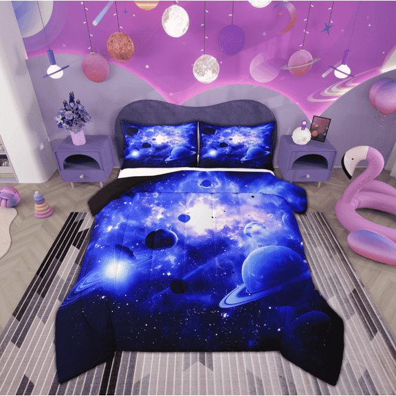 Manfei 3D Outer Space Bedding Twin Comforter Set, Psychedelic Planet Down Comforter, Starry Sky Reversible Duvet Insert, Super Cozy Bedroom Decor, 2-Piece