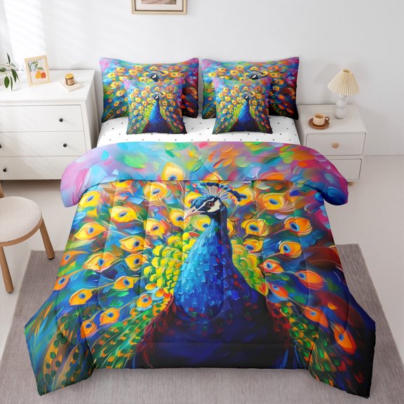 Manfei 3D Peacock Bedding Comforter Set 7-Piece for Teen, Woodland Wildlife King Bedding Sets, Oil Printing Artwork Bed Sheets, Microfiber Bedroom Decor