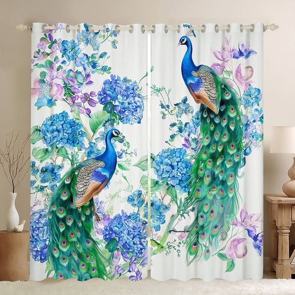 Manfei 3D Peacock Black Out Curtains, Blue Purple Floral Flower Curtains Pack of 2 (42x63 Each), Teenager Adult Bedroom Curtains, Window Curtains Bedroom Decoration