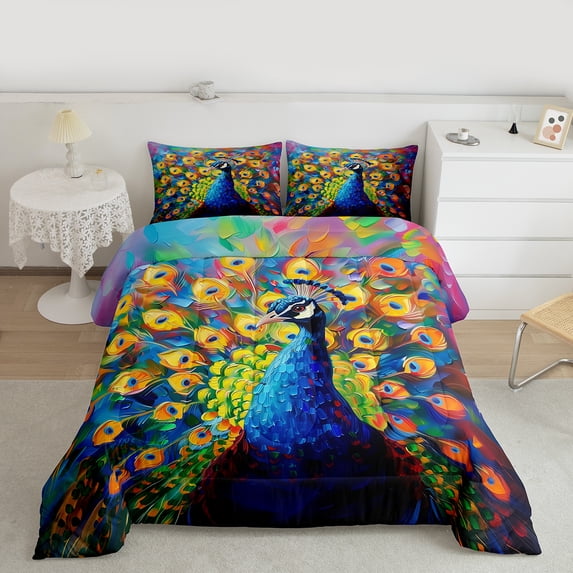 Manfei 3D Peacock Queen Comforter Set for Teen, Woodland Wildlife Bedding Comforter Set, Oil Printing Artwork Bedding Set, Microfiber Bedroom Decor, 3 Pieces
