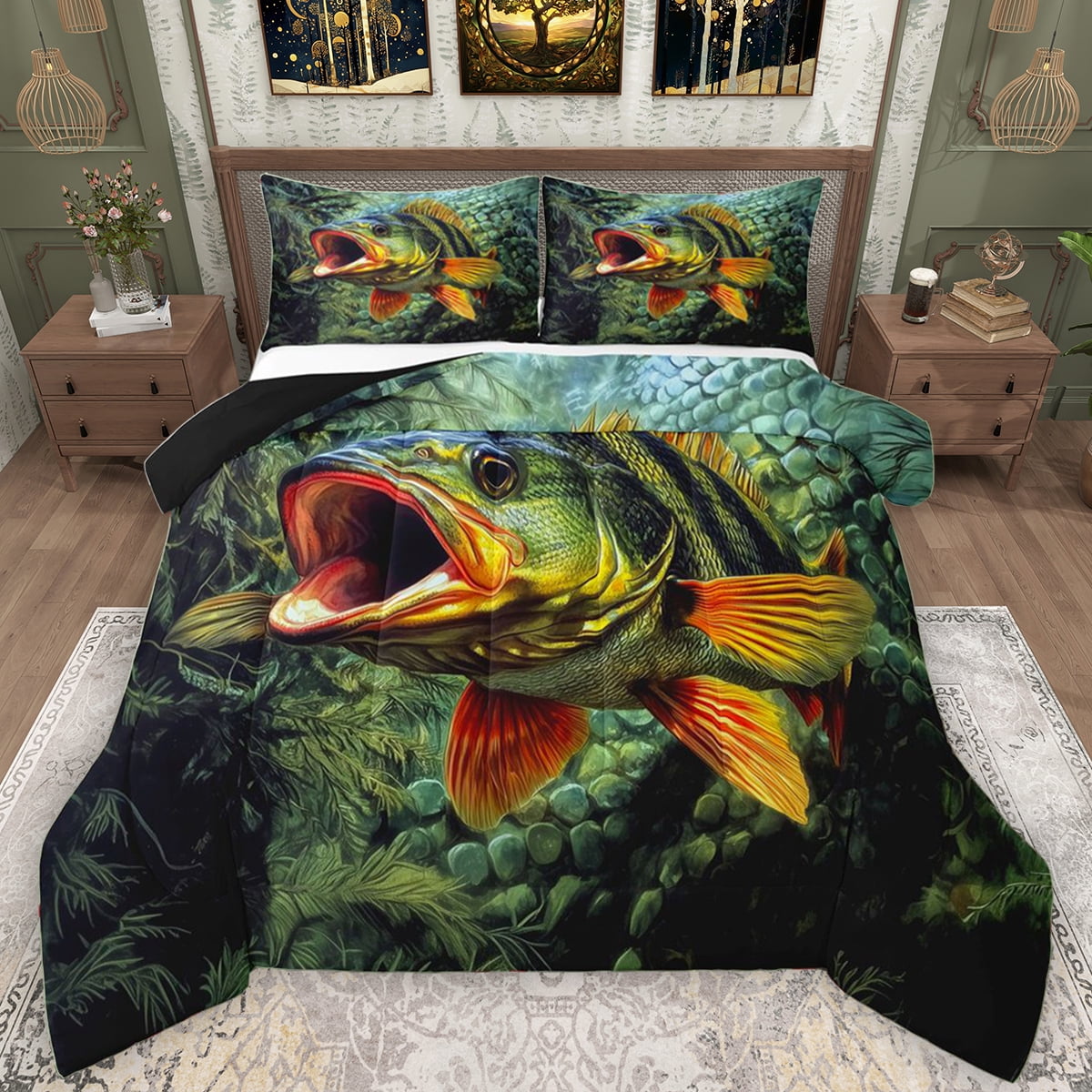 Comforter Fish Pattern Manfei 3D Pike Fish Bedding Comforter Set for Teens, Rustic Lake House ...