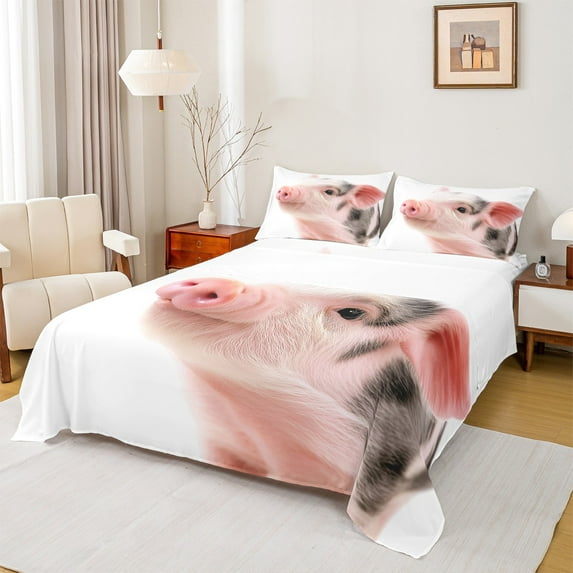 Manfei 3D Pink Pig Bed Sheets, Kawaii Farm Animal King Sheets, Teens Boys Girls Kids Sheet Set, Breathable Home Decor, 4pcs