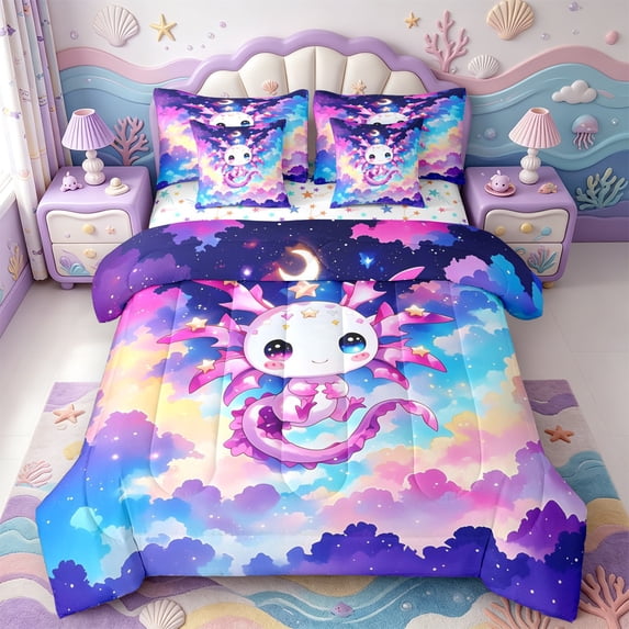 Manfei 3D Print Amphibian Axolotl 7-Piece Twin Bedding,Cute Salamander Pattern Bedding Comforter Set,Colorful Stars Reversible