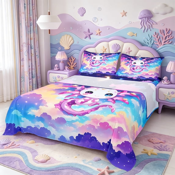 Manfei 3D Print Amphibian Axolotl Bed Sheets,Cute Salamander Pattern Full Size Sheets,4pcs,1 Flat Sheet,1 Fitted Sheet and 2 Pillowcases