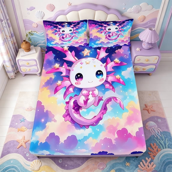 Manfei 3D Print Amphibian Axolotl Fitted Sheet Full,Cute Salamander Pattern Bed Set,3pcs,1 Fitted Sheet and 2 Pillowcases