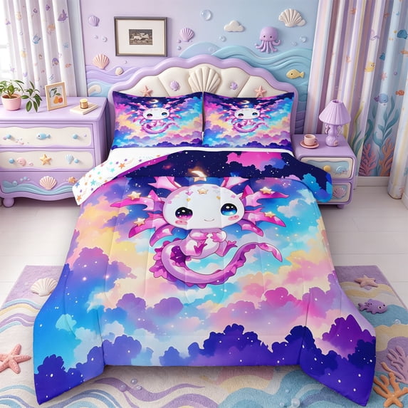 Manfei 3D Print Amphibian Axolotl Full Size Comforter Sets,Cute Salamander Pattern Bedding Comforter Set,Colorful Stars Reversible,3pcs,1 Comforter and 2 Pillowcases